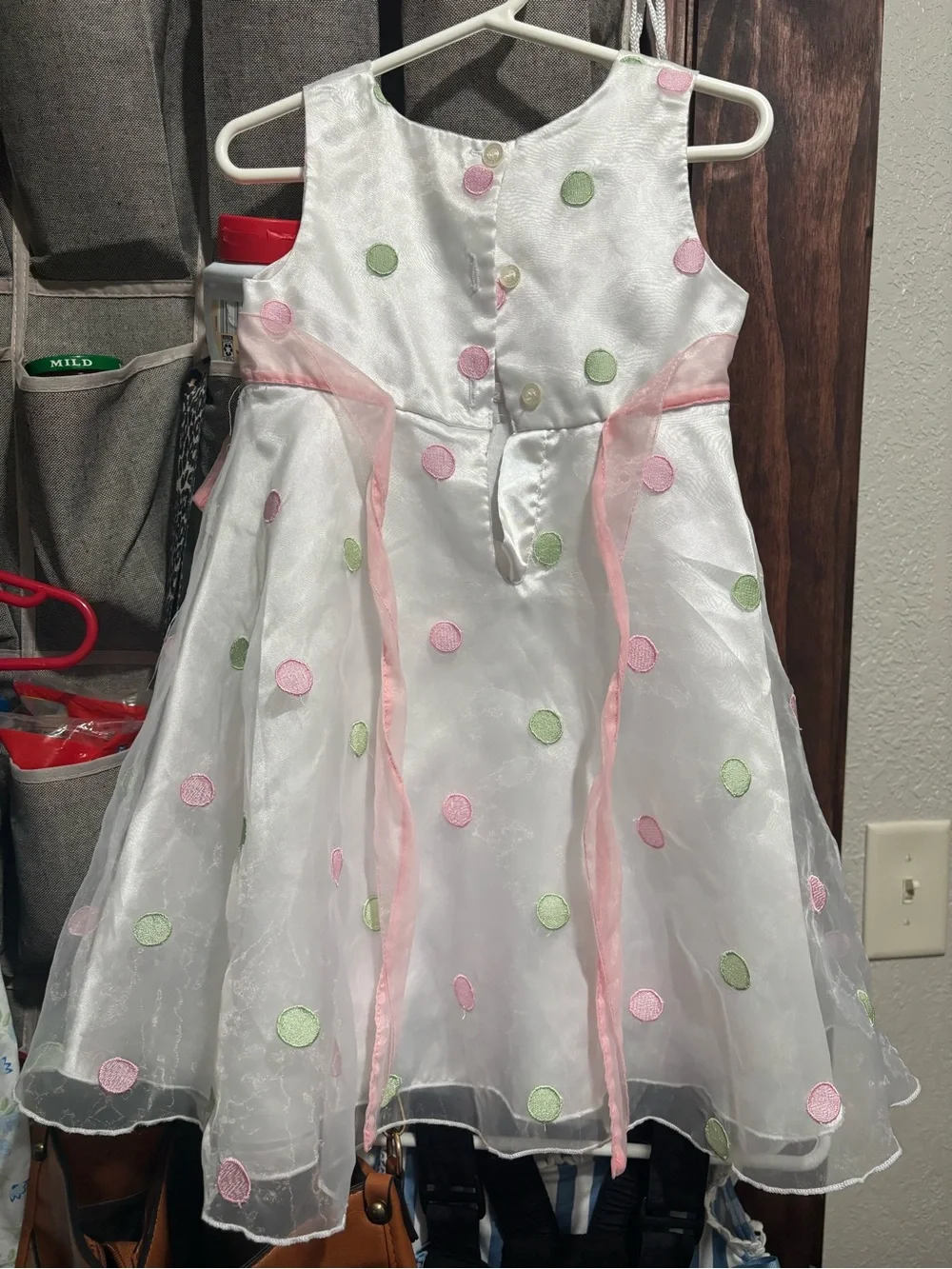 Blueberi Boulevard White Dress with Pink Bow and Green & Pink Polka Dots